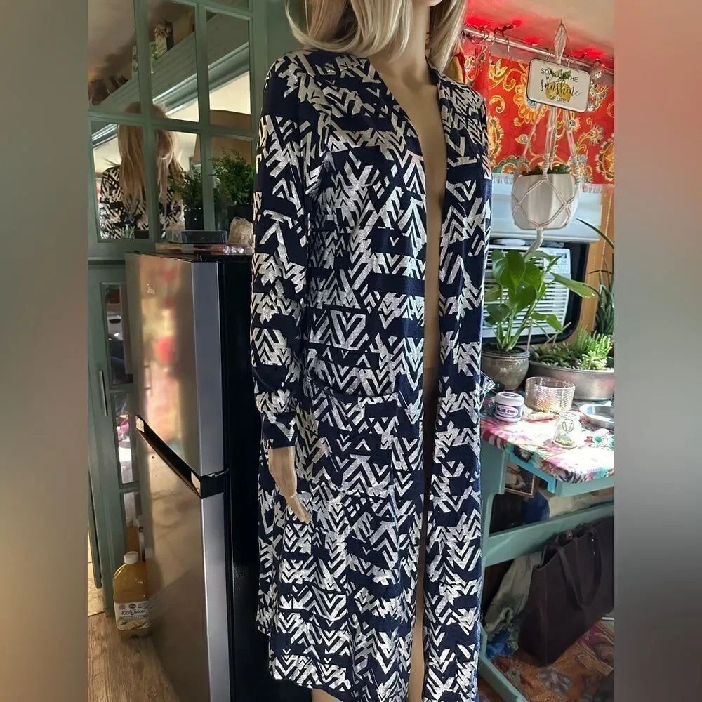 LulaRoe Elegant Blue&Silver Sarah Cardigan Size L NWT